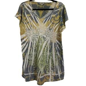 One World Womens Artsy Multi Pattern Multi Color Tunic Top Short Sleeve SZ Large